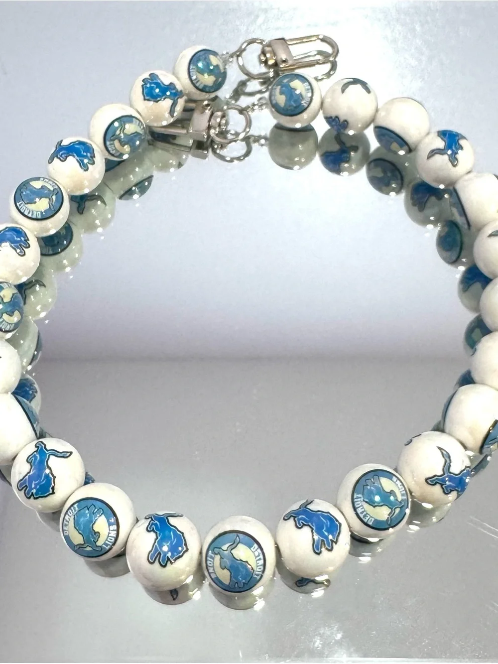 New White and Blue Beaded Lion Bag Chain 18 inches